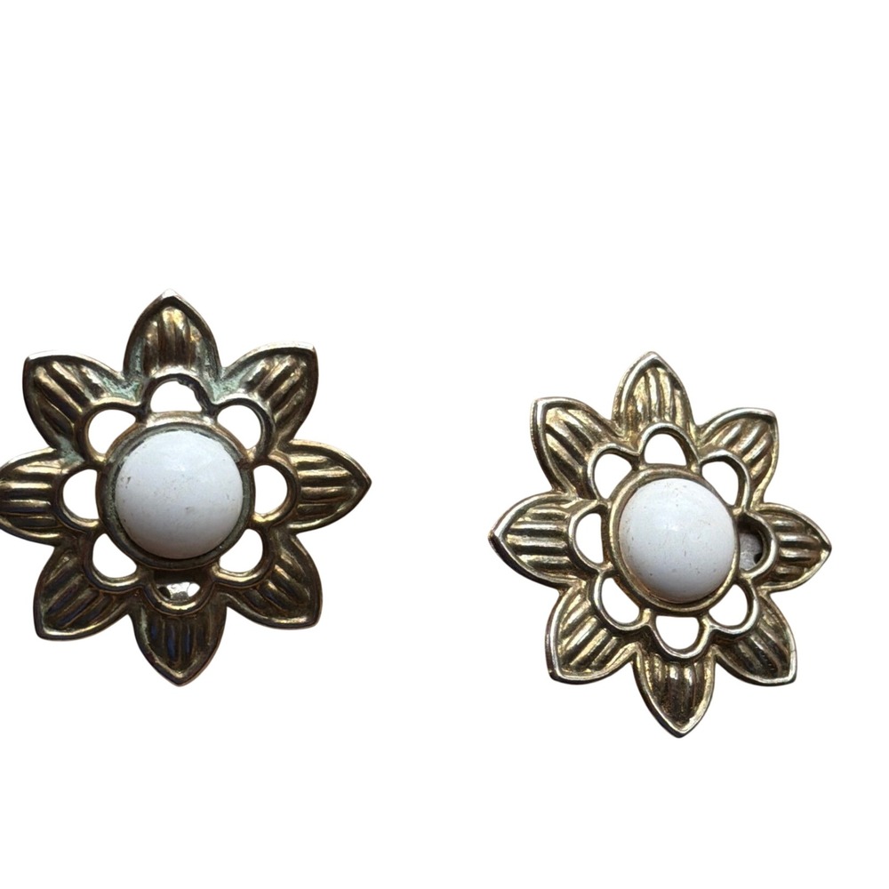 Vintage Gold Tone Floral Sunburst Clip On Earrings White Cabochon Retro